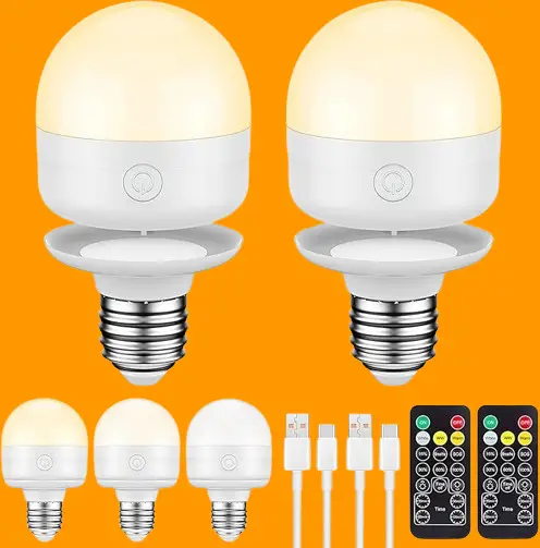 2Packs E26 Rechargeable Light Bulbs with Remote Control Timer and 3 Color