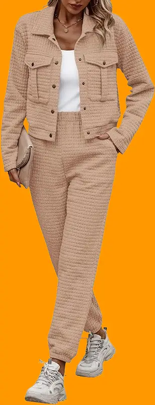 Womens 2024 Fall 2 Piece Outfits Tracksuit Long Sleeve Button Down Shacket Jacket Pockets Long Pants Casual Set