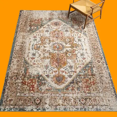 5×8 Justine Vintage Medallion Area Rug, Beige, Faded Persian Design, Stain Resistant