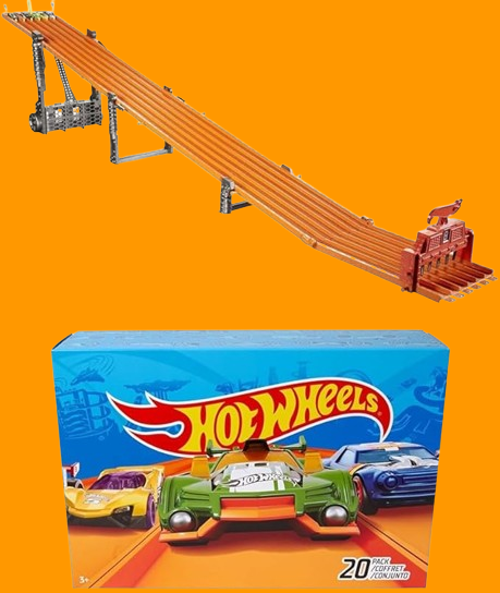 Bundle of Hot Wheels Toy Car Track Set Super 6-Lane Raceway