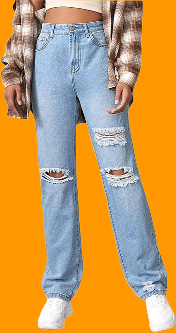 Women’s Ripped Straight Leg Jeans High Waist Distressed Cutout Denim Pants