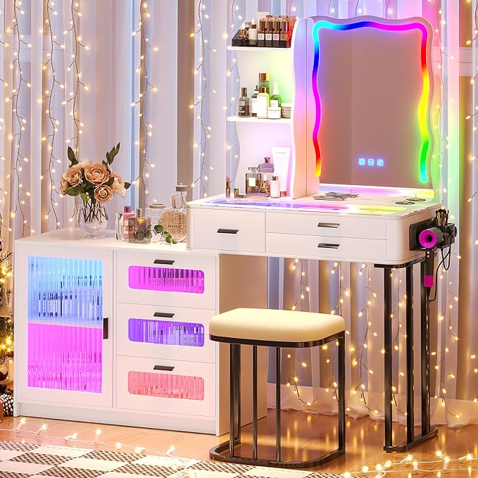 RGB Makeup Vanity Desk with Wireless Charging Station