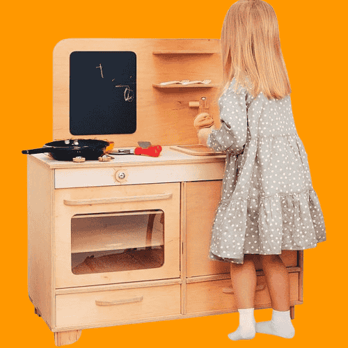 A play kitchen with a built in working sink