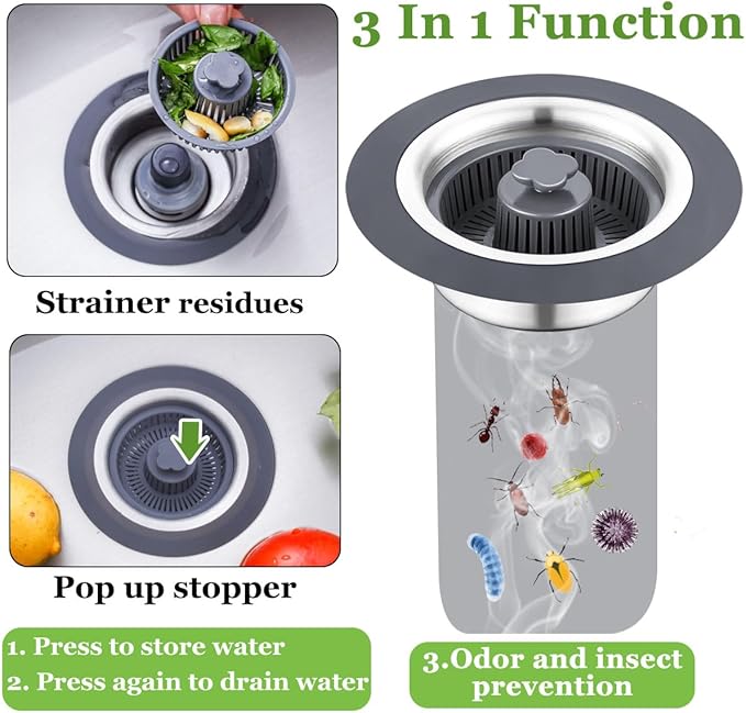 3 in 1 Kitchen Sink Drain Strainer and Stopper Combo