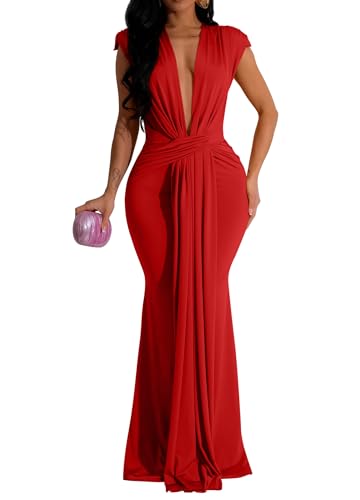 Memoriesea Women’s Elegant Sleeveless Deep V Neck Bodycon Party Evening Gown Maxi Dress