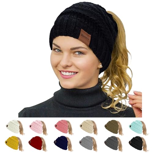 Rosoz 1&2 Packs Ponytail Beanie for Women (bun hat)