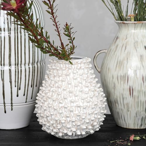 Creative Co-Op 9.25 Inches Round Embossed Stoneware Formed, Cream Vase