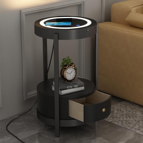 Black Smart Led Nightstand with Drawers