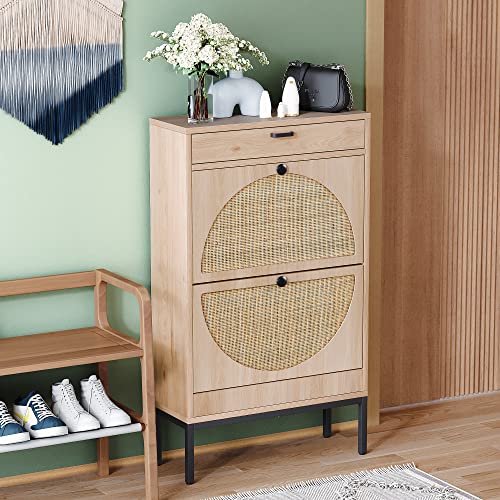 Yechen Shoe Rack Storage Organizer with 2 Natural Semi-Circular Rattan Doors