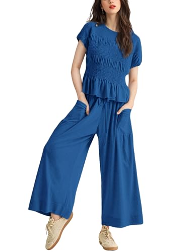 Womens 2 Piece Smocked Top Wide-Leg Pants