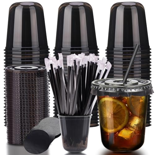 12oz Disposable Stemless Glasses with Flat Lids and Straws