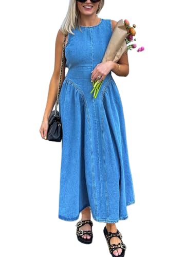Bleu dress CHARTOU Women Open Back Lace Up Long Denim Dress Elegant Sleeveless Ruffle Drop Waisted Corset Jean Dress