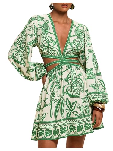 Floerns Women’s Tropical Bishop Sleeve Mini Dress Cut Out Tie Back V Neck Beach A Line Dresses