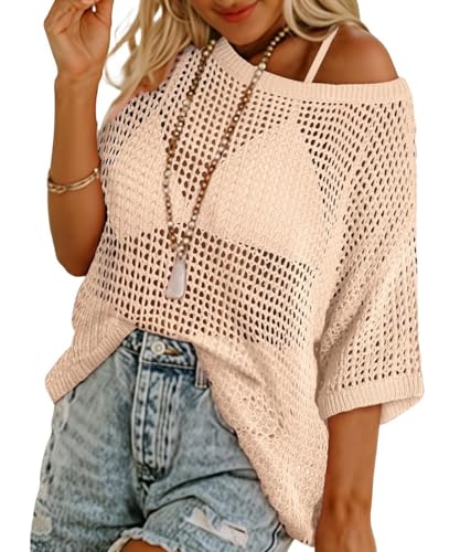 Women Crochet Cover Up Summer Scoop Neck Swimwear Hollow Out Sweater Tops Vacation Beach Shirts XL-5XL