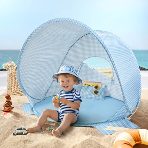Tiny Land® Baby Beach Tent with Sand Toys, Pop Up UV Sun Shelter for Kids, Baby Summer Outdoor – Light Blue Gingham
