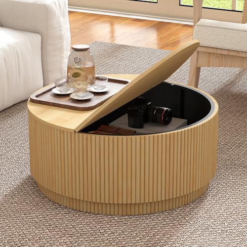 Best amazon LEVNARY 31.5″ Round Coffee Table with Storage